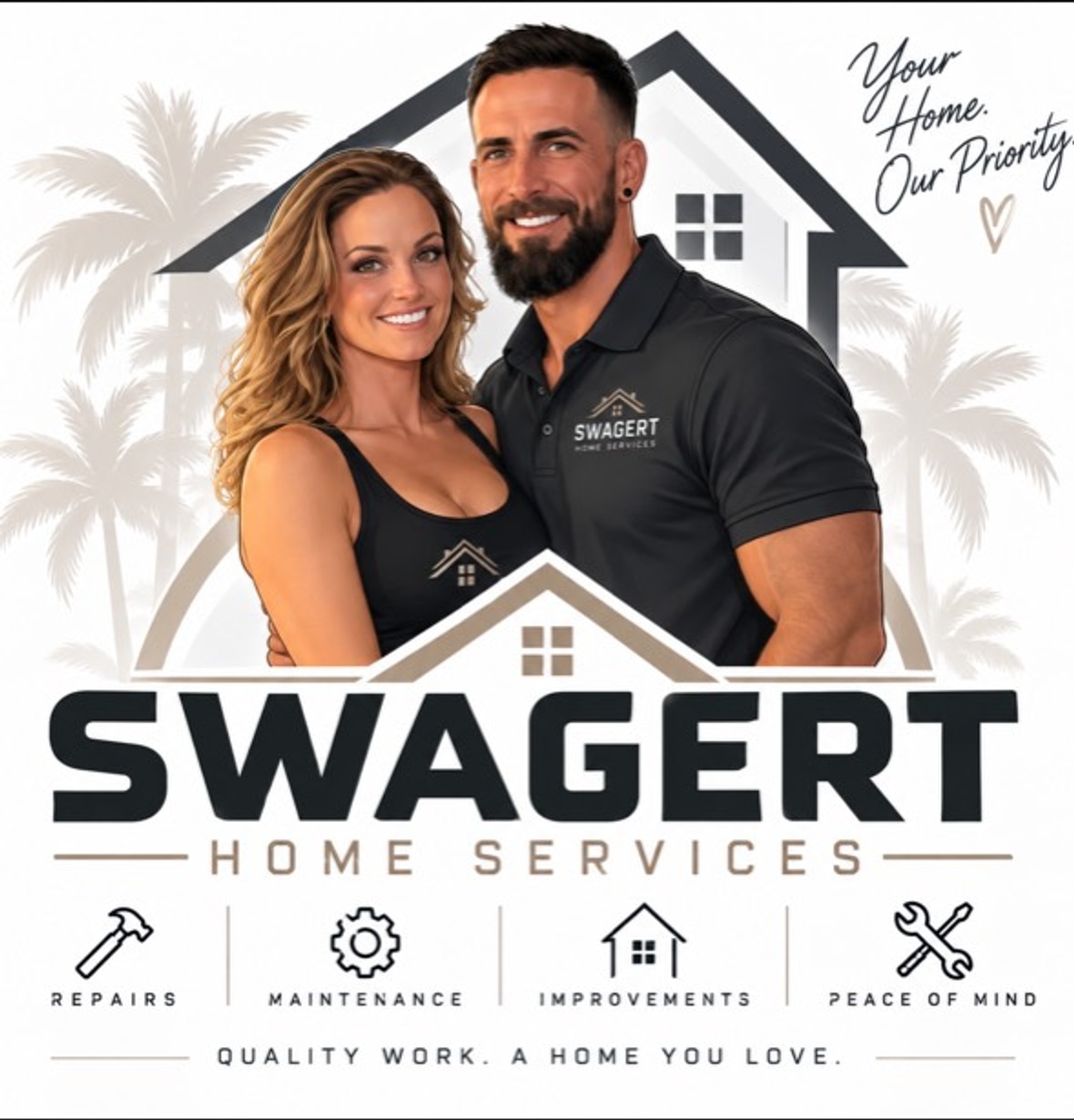 Swagert Home Services husband-and-wife team standing together in branded artwork