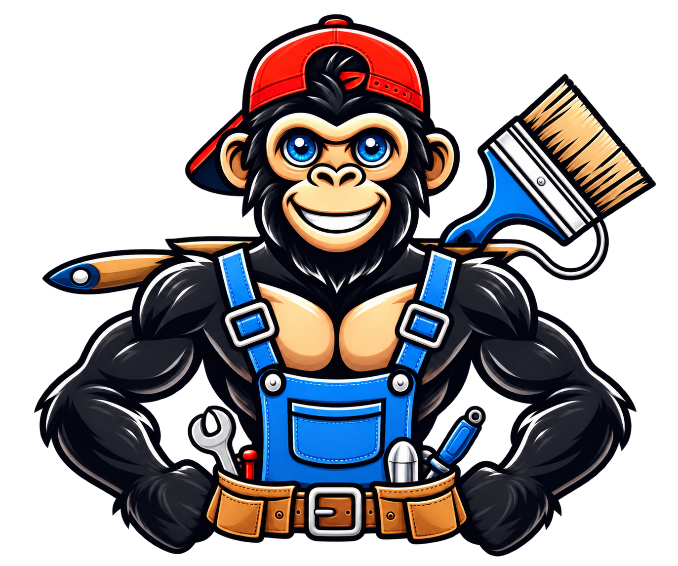 Swagert monkey handyman mascot wearing blue overalls with painting and repair tools